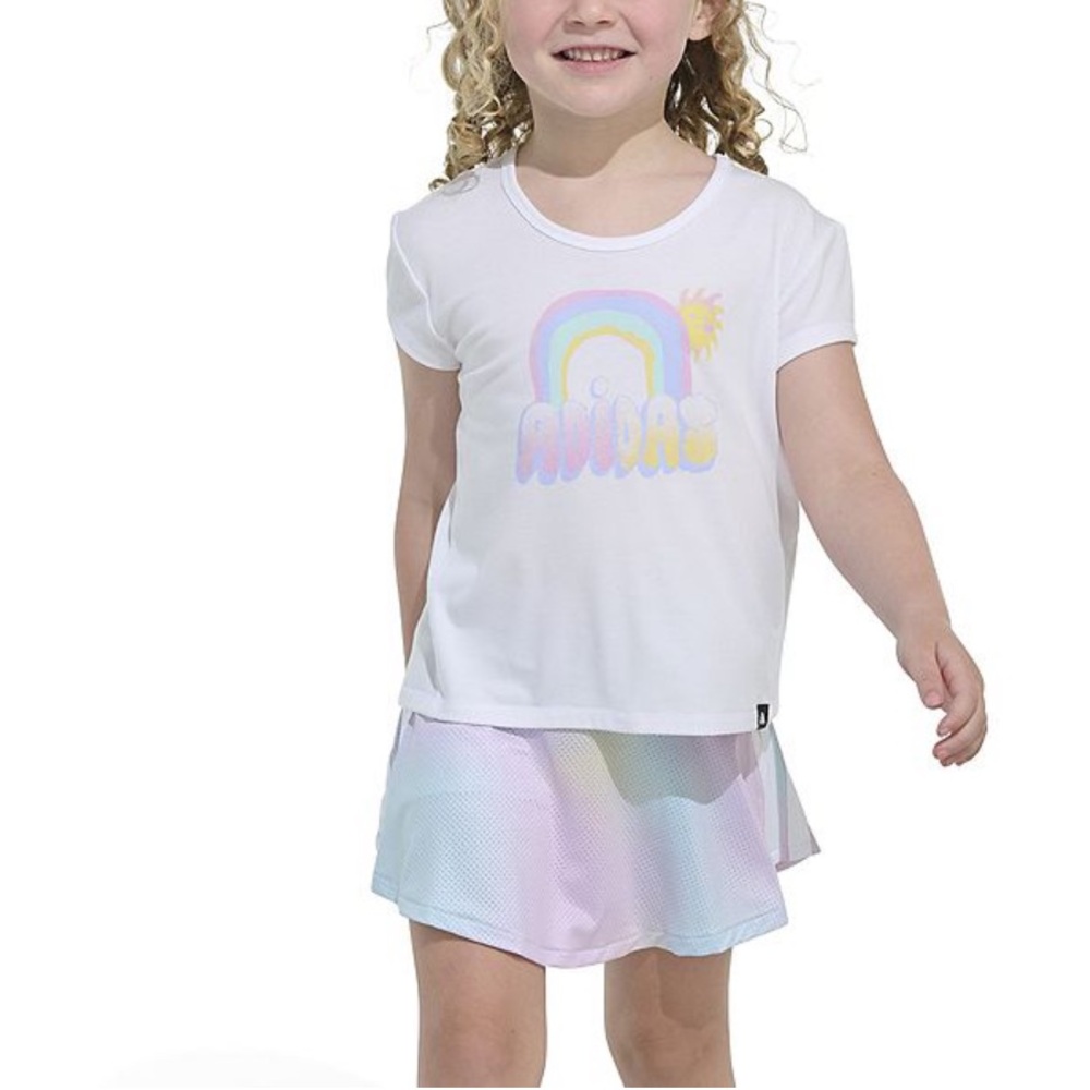 adidas White Rainbow Graphic Tee and Flounce Skort  Set
